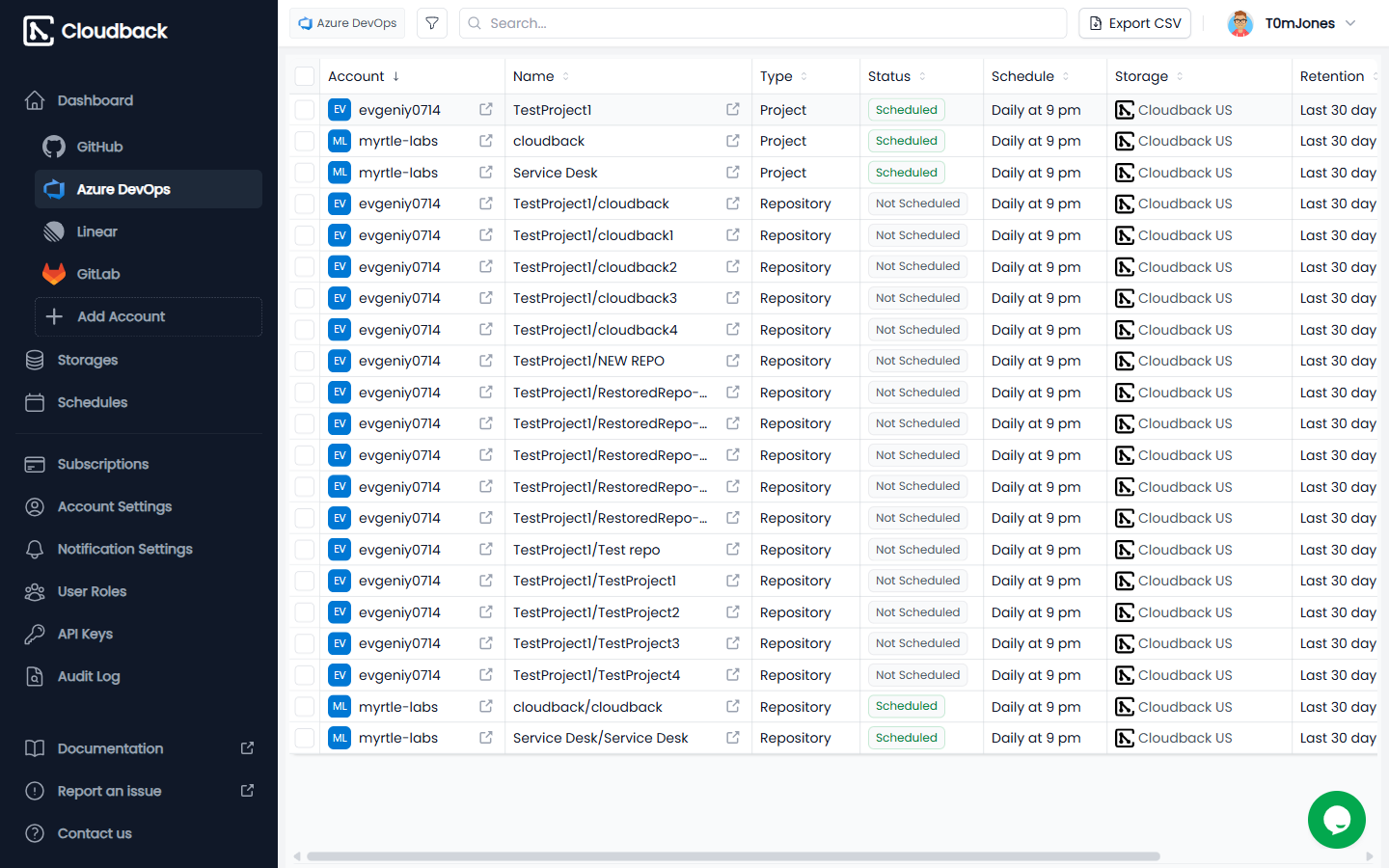 Cloudback dashboard for Azure DevOps backups