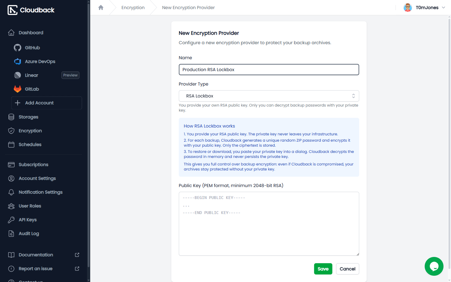 Cloudback encryption provider configuration with RSA Lockbox