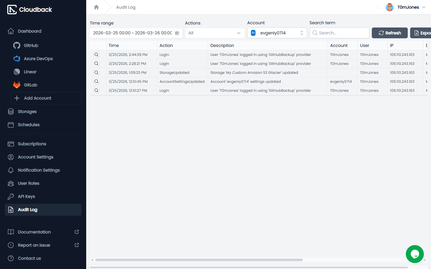 Cloudback audit log with filterable event types